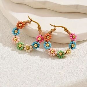 Beaded Flower Hoop Earrings